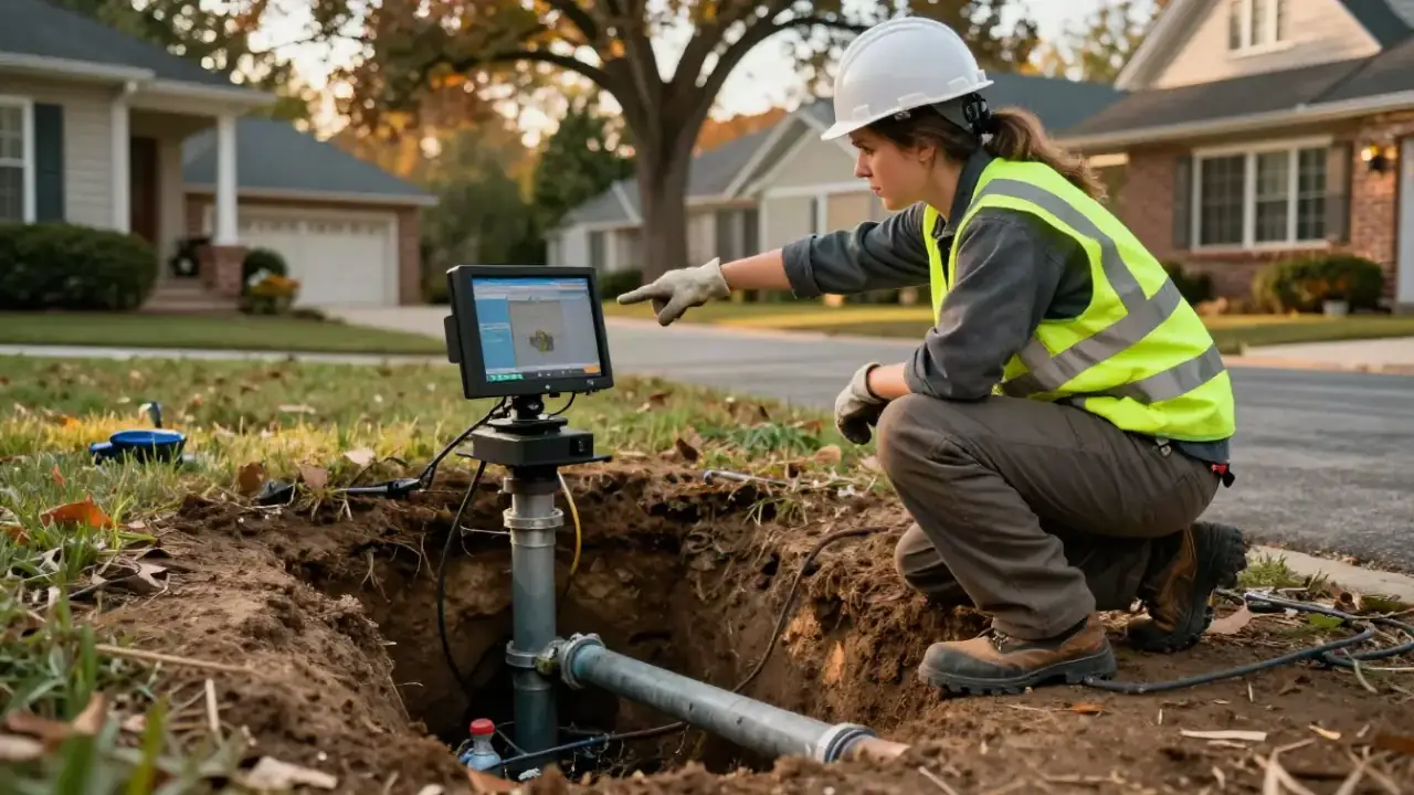 Sewer Line Repair in Roswell, Georgia: sewer technician explaining the camera inspection findings to a homeowner on their