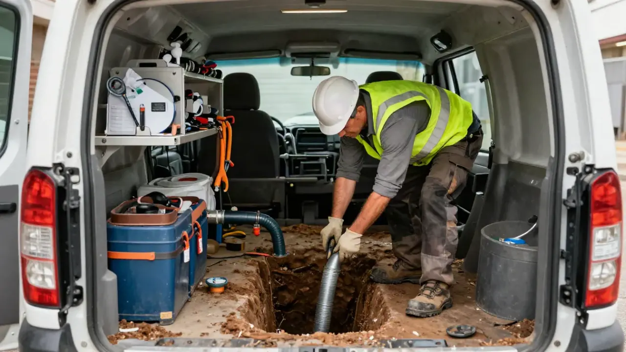 Sewer Line Repair in Roswell, Georgia: rear of a clean, well-organized service vehicle with various trenchless repair tools