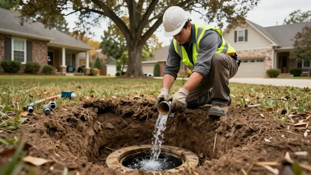 Sewer Backup Repair in Roswell, Georgia: sewer technician examining a clear flow of water from a main sewer cleanout