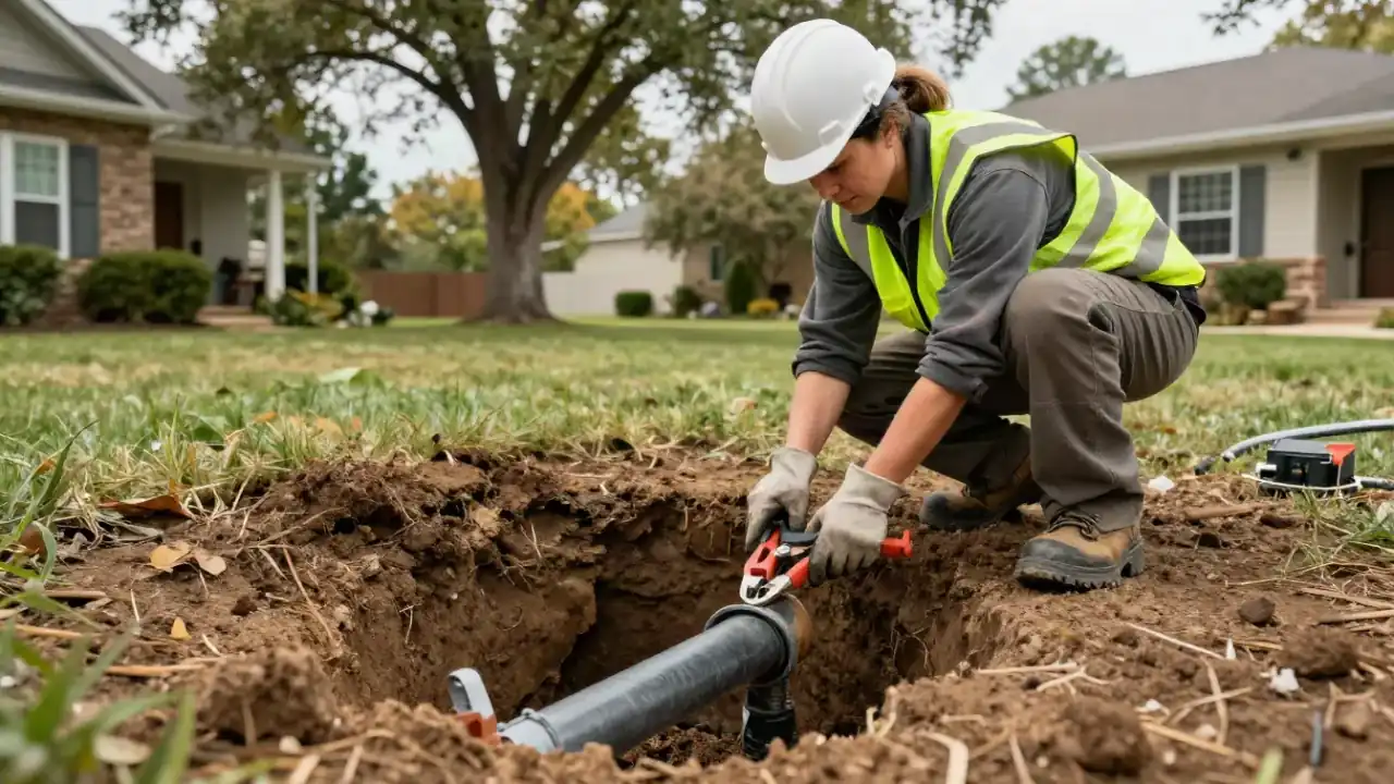 Trenchless Sewer Line Repair in Roswell, Georgia: sewer technician carefully preparing the entry point of an existing sewer