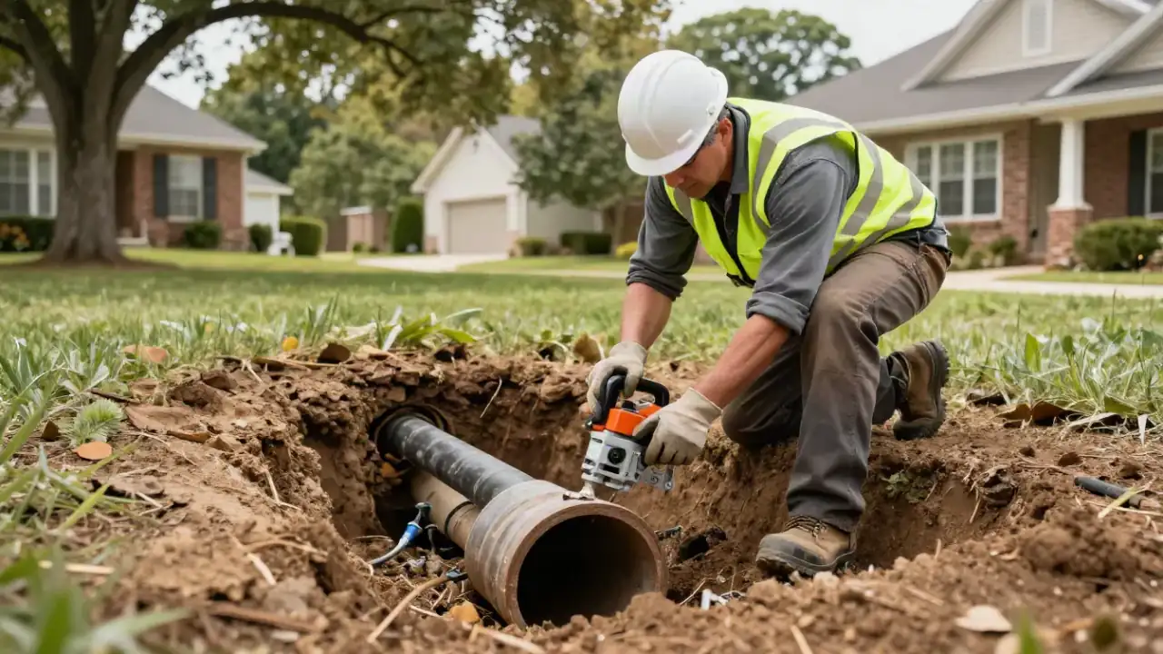 Offset and Bellied Pipe Repair in Roswell, Georgia: sewer technician shoring up the ground around a bellied section of an